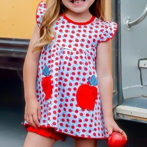 NWT Shrimp N Grits Kids Apple Print Girls Top with Red Ruffle Shorts